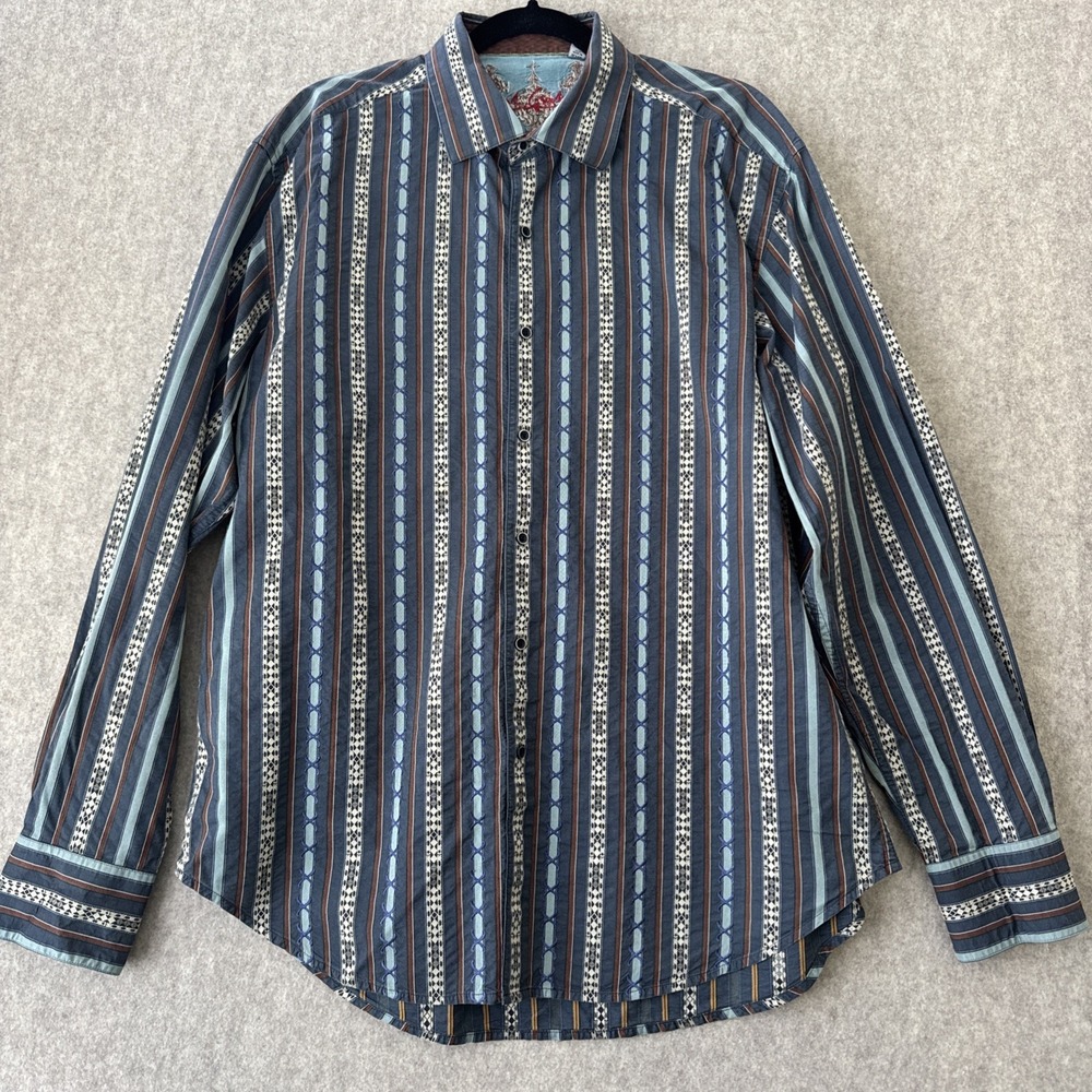Robert Graham Button Up Shirt Mens XL Navy Print Silk Trim Long Sleeve